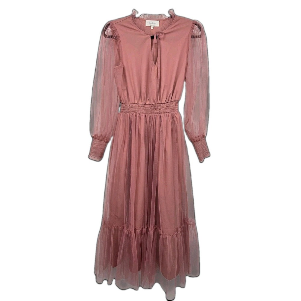 In February Tulle Tiered Midi Dress Womens S Rose Pink Cottagecore Ruffle Boho